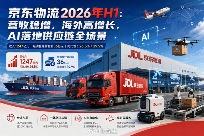 京东物流上半年营收1247亿元：海外加速，AI进入供应链全场景